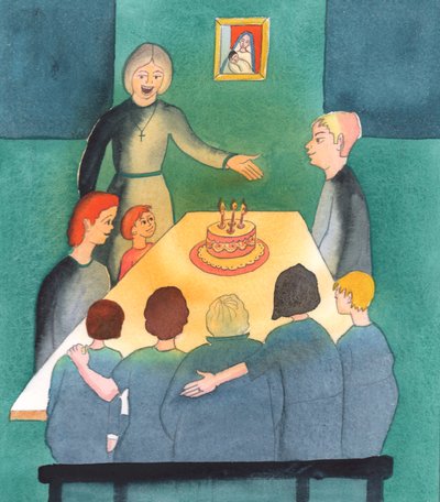 Hvor folk lytter til Kirken og takker Gud for deres børn og sætter familiens behov før deres egne ambitioner, et hjem er som en oase af lys, 2003 (w/c på papir) af Elizabeth Wang