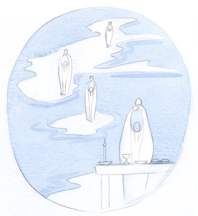 Overalt hvor en katolsk præst ofrer messens hellige offer, er der Jesus Kristus, tilstede med sit folk, 2000 (w/c på papir) af Elizabeth Wang