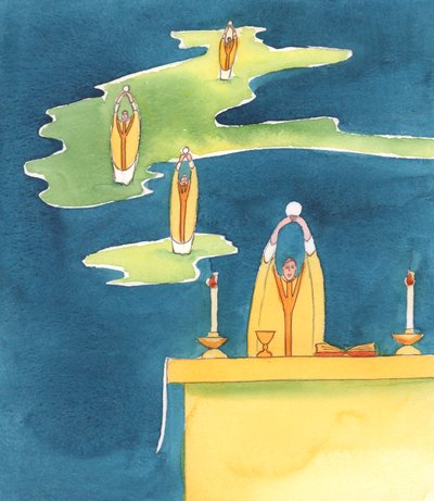 Overalt hvor en katolsk præst ofrer messens hellige offer, er der Jesus Kristus, tilstede med sit folk, 2000 (w/c på papir) af Elizabeth Wang