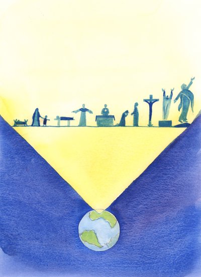 Hvor end messen fejres, er de tilstedeværende til stede i hele Kristi forløsende værk, opnået under hans liv på jorden og inklusive hans død på korset, 2004 (w/c på papir) af Elizabeth Wang