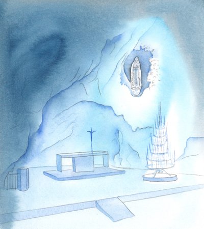 Den, der har brug for hjælp, behøver kun at gå til Jesu og Marias hjerter, som arbejder sammen for at hjælpe og redde os, 2005 (akvarel på papir) af Elizabeth Wang