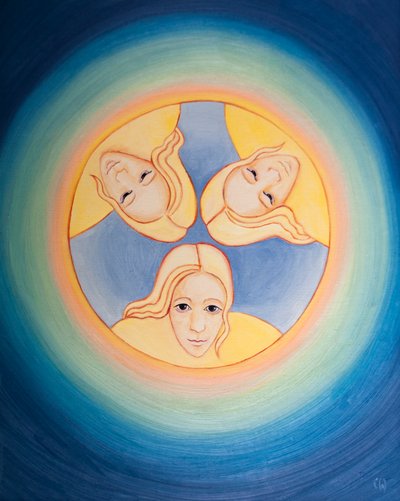 Den, der beder til én guddommelig person, beder til den ene, evige, treenige Gud, der er udelt, 2003 (olie om bord) af Elizabeth Wang