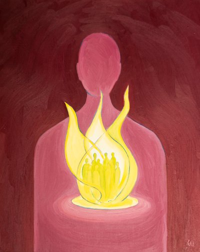 Med Guds kærlighed kan vi hjælpe og bede for dem, vi bærer i vores hjerter, 2000 (olie om bord) af Elizabeth Wang