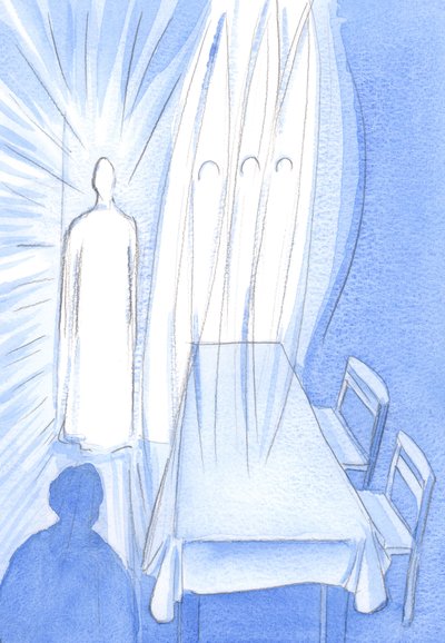 Med sine hellige engle ser Kristus beundrende på, mens vi beder; Han skjuler sin kærlighed, når han hjælper os til at vokse i tro, 2002 (w/c på papir) af Elizabeth Wang