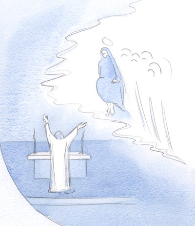 Med hvilken glæde priser Kristus (ved alteret) sin mor, i beundring af hendes person og hele hendes livsværk., 2001 (w/c på papir) af Elizabeth Wang