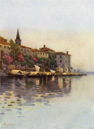 En grå morgen, Lago Maggiore (farve litho) af Ella Du Cane