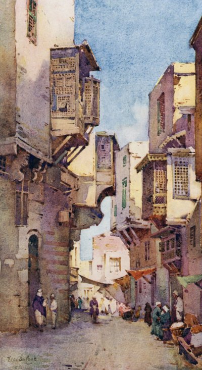 En gammel gade i Kairo (farve litho) af Ella Du Cane