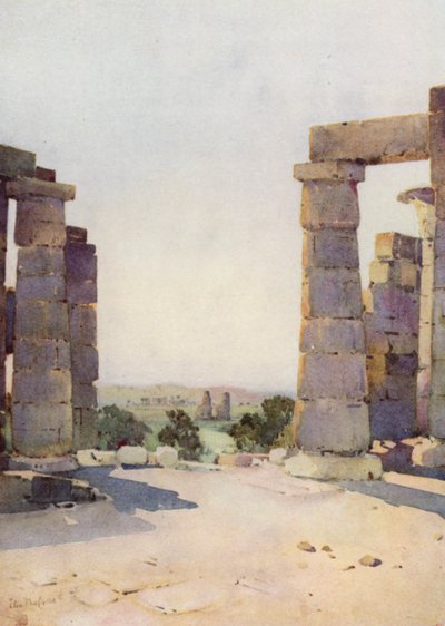 Kolosserne fra Ramesseum i den tidlige morgen (farve litho) af Ella Du Cane