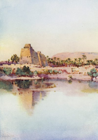 Hatshepset-pylonen ved Karnak, fra den hellige sø (farve litho) af Ella Du Cane