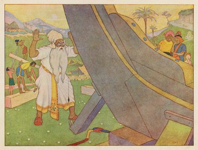 Noahs Ark: Bygning af arken (farvelitografi) af Elmer Boyd Smith