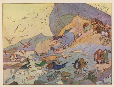 Noahs ark: Forlader arken (farvelitografi) af Elmer Boyd Smith