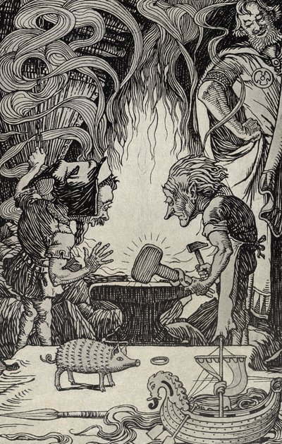 The Third Gift an Enormous Hammer, illustration fra Myths from Many Lands, udgivet 1912 af Elmer Boyd Smith