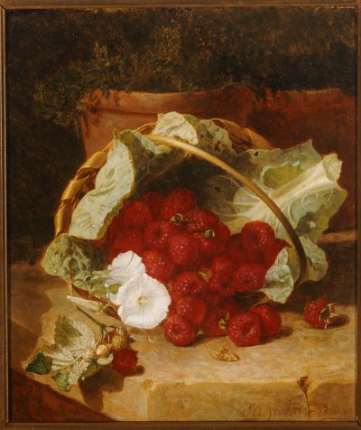Hindbær i en kålbladsforet kurv med hvid krampe på en stenkant, 1880 af Eloise Harriet Stannard