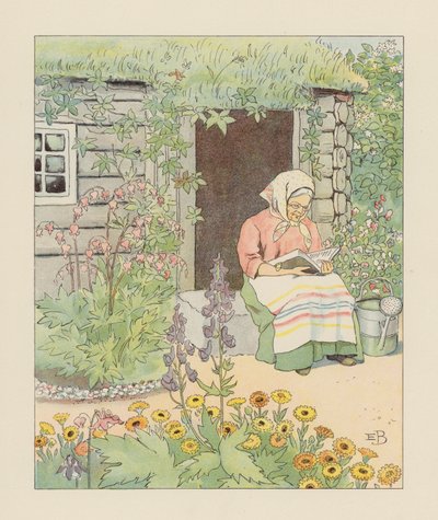 Illustration til Blondchen in Bluten (farvelitografi) af Elsa Beskow