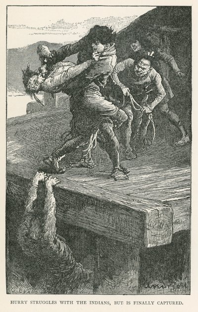 Hurry kæmper med indianerne, men bliver til sidst taget til fange (kobberstik) af Elviro Michael Andriolli