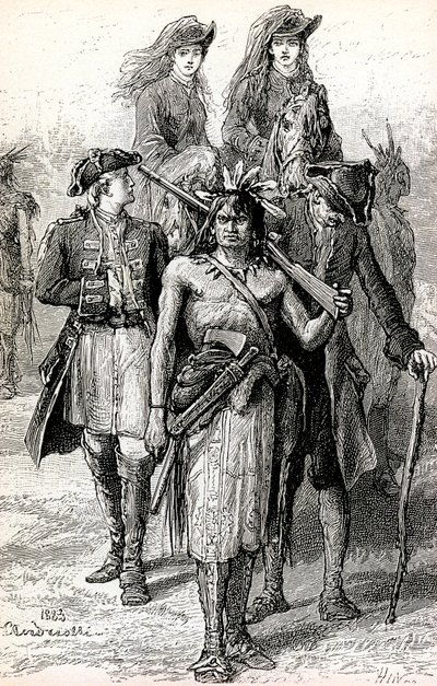 Magua leder oberst Munros døtre sammen med major Duncan Heyward og David La Gamme af Elviro Michael Andriolli