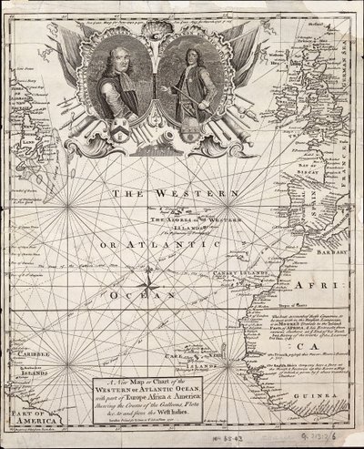 Et nyt kort eller diagram over det vestlige eller atlantiske ocean med en del af Europa, Afrika og Amerika: viser galeonernes kurs til og fra Vestindien af Emanuel Bowen