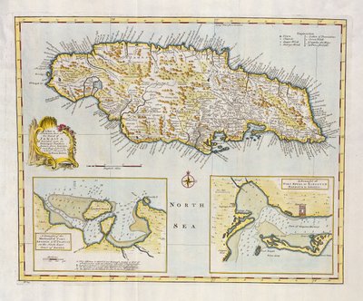 Kort over øen Jamaica, opdelt i dets vigtigste sogne ca. 1760 (håndfarvet gravering) af Emanuel Bowen