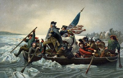 George Washington krydser Delaware under den amerikanske uafhængighedskrig, 25. december 1776 (chromolitho) af Emanuel Gottlieb (after) Leutze