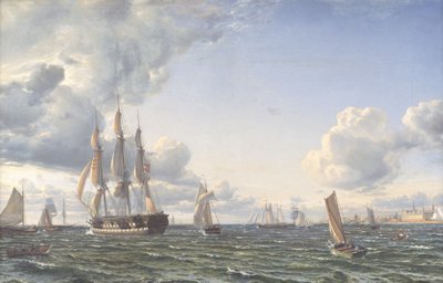 Linieskibet "Valdemar" krydser Sundet ind for en frisk bramsejlskuling af Emanuel Larsen