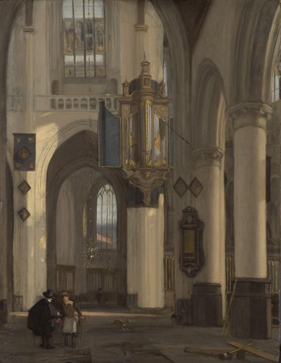 Interiør af en protestantisk gotisk kirke med motiver fra Oude og Nieuwe Kerk i Amsterdam af Emanuel de Witte