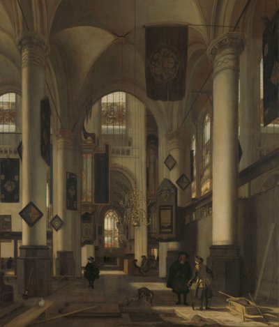 Interiør af en protestantisk gotisk kirke med motiver fra Oude og Nieuwe Kerk i Amsterdam af Emanuel de Witte