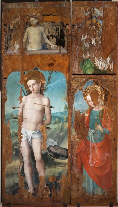 Sankt Sebastian, Sankt Lucia, Kristus rejser sig med lidelsessymbolerne, anden halvdel af det 16. århundrede (olie på panel) af Emanuele Macario