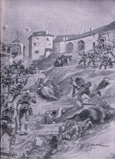 Aschaffenberg 2. bayerske jægerbataljon ved Lagarde august 1914, fra The Illustrated History of the World War 1914-1915 pub. af Union Berlagsefellfchaft af Emil (after) Limmer