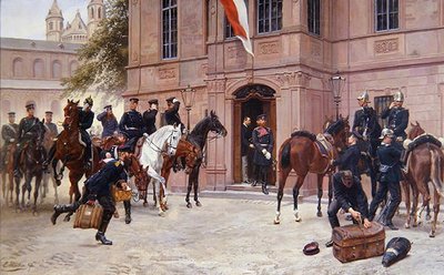 Kronprins Ludwig IV af Hesse-Darmstadt siger farvel til Cornelius Heyl, før Schlosschen, Worms, da han tager af sted til slaget ved Sedan i 1870 (olie på lærred) af Emil Huenten