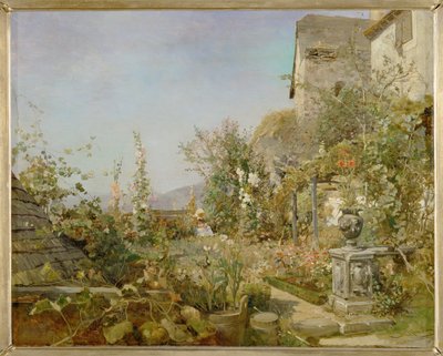 Blumengarten in Weissenkirchen - Have med blomster i Weissenkirchen ... (olie på træ) af Emil Jakob Schindler