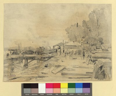 Dampfschiffstation an der Donau bei Kaisermühlen af Emil Jakob Schindler