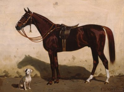 Sadlet ræv med hund af Emil Volkers