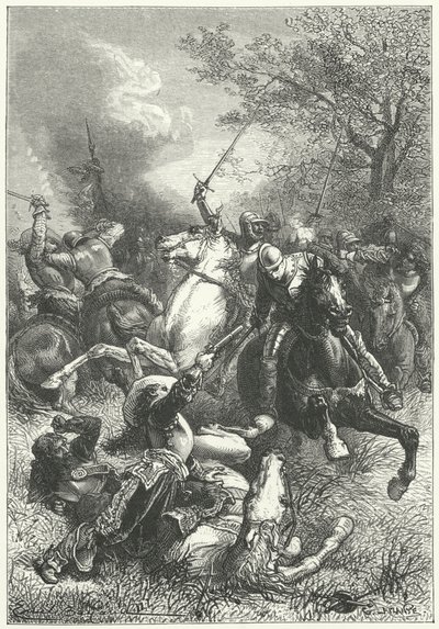 Cromwells ironsider i kamp mod royalistisk kavaleri i den engelske borgerkrig (stik) af Emile Antoine (after) Bayard