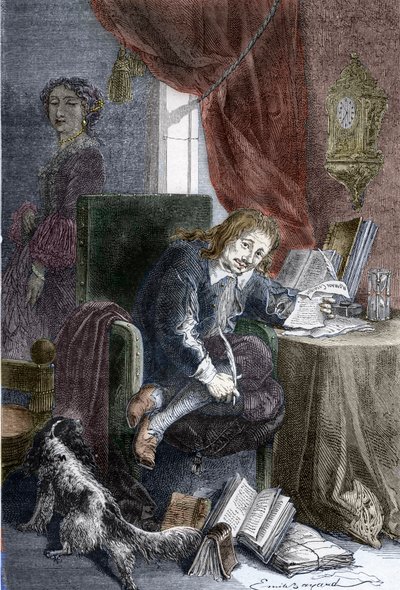 Portræt af den franske forfatter Paul Scarron (1610-1660) forfatter til burleske komedier, han er repræsenteret på en invalid stol, hans kone Francoise d