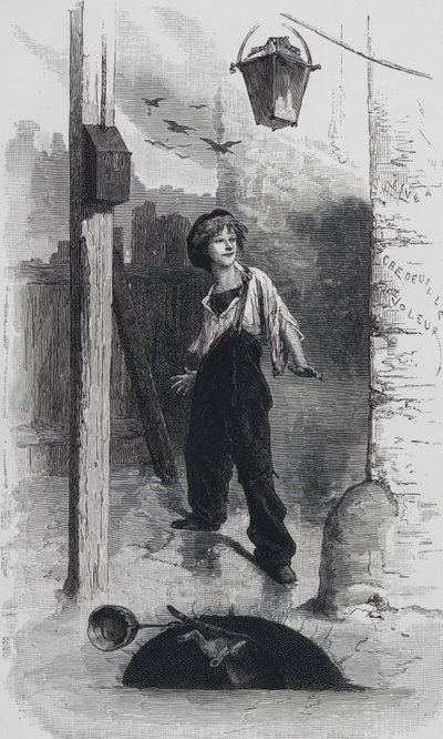 Scene fra Les Miserables, af Victor Hugo: Gavroche (gravering) af Emile Antoine (after) Bayard