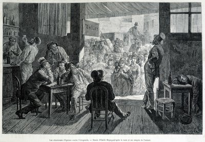 En gruppe kvinder foran en bar, forbudt for kvinder, synger salmer til alkoholikere mod alkoholisme af Emile Antoine Bayard