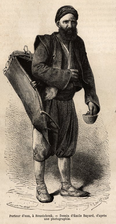 En vandvogn, omrejsende købmand poserer med sit udstyr, en slags tankkasse og en beholder, der bruges som mål og kop, i Roustchouk (Rumænien), gravering efter tegningen af Emile Bayard, der illustrerer rejsen til Bulgarien, af Guillaume Lejean, i af Emile Antoine Bayard