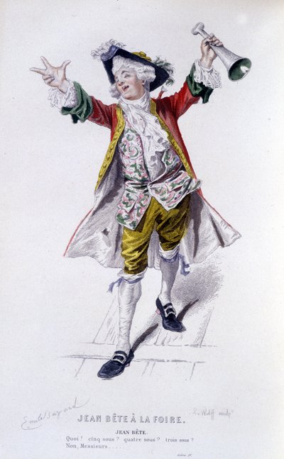 , Komplet værk af Beaumarchais (1732-1799) af Edouard Fournier. tegning af Emile Bayard. Ed. Laplace, Sanchez et Cie, Paris 1876. Dette er Jean Beast i "" Jean Beast at the Fair"" af Emile Antoine Bayard