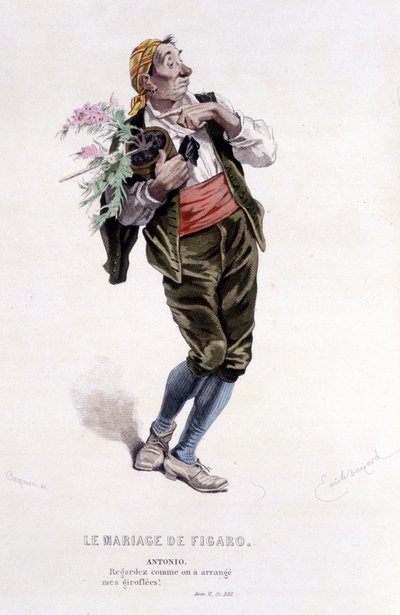 Komplet værk af Beaumarchais (1732-1799) af Edouard Fournier. tegning af Emile Bayard. Ed. Laplace, Sanchez et Cie, Paris 1876. Dette er Antonio i "Figaros bryllup"" af Emile Antoine Bayard