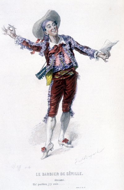 Komplet værk af Beaumarchais (1732-1799) af Edouard Fournier. tegning af Emile Bayard. Ed. Laplace, Sanchez et Cie, Paris 1876. Dette er Figaro i "Barberen fra Sevilla" af Emile Antoine Bayard