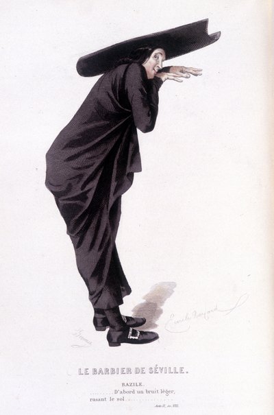 Komplet værk af Beaumarchais (1732-1799) af Edouard Fournier. tegning af Emile Bayard. Ed. Laplace, Sanchez et Cie, Paris 1876. Dette er Bazile i "Barberen fra Sevilla" af Emile Antoine Bayard