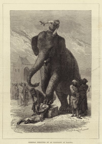 Forbryder henrettet af en elefant ved Baroda af Emile Antoine Bayard