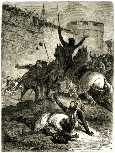 Korstog mod Albigeois - Belejring af Toulouse, 25. juni 1218. Simon de Montforts bror er lige blevet såret af en pil, Simon de Montfort selv bliver dræbt af en kugle af katapultkast, siges det, af en af kvinderne af Toulouse som er af Emile Antoine Bayard