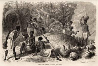 Smagning af pomben (alkoholholdig drik ved gæring), i Karague (vest for Victoria-søen, i det nuværende Zimbabwe), tegning af Emile Bayard (1837-1891), der illustrerer kaptajn Spekes opdagelsesrejse i Afrika fra 1860 til 1863. Indgravering af Emile Antoine Bayard