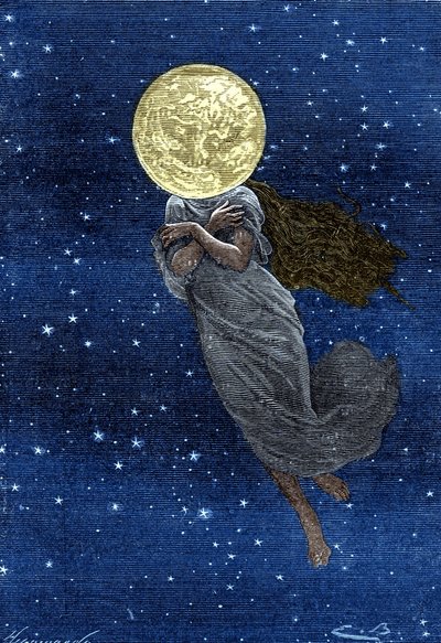 Indgravering (af Emile Bayard) af Jules Vernes bog “” Around the Moon”” (Hetzel edition/Voyages extraordinaire 1870): Beskrivelse af månen tegnet med en ung kvindes krop (tekst af J. Verne): “”... udstoppet overflade, revnet, en rigtig skimmer, værdig til  af Emile Antoine Bayard