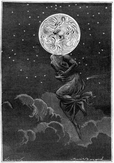 Indgravering (af Emile Bayard) af Jules Vernes bog Around the Moon (Hetzel edition/Voyages extraordinaire 1870): "" månen personificeret med en ung kvindes krop... lider af kolik! "" af Emile Antoine Bayard
