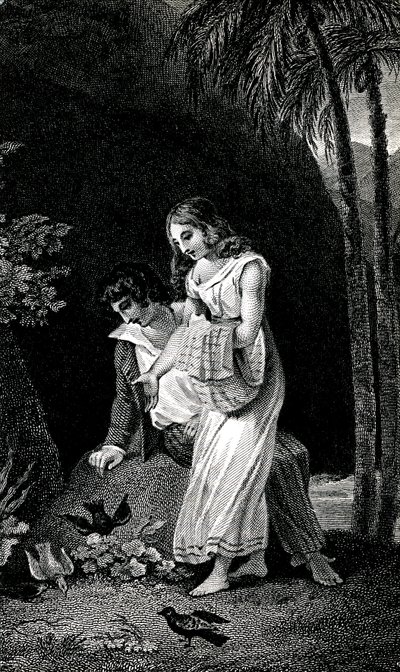 Gravering, der illustrerer en udgave fra det sene 19. århundrede af romanen af Jacques-Henri Bernardin de Saint Pierre (Jacques Henri Bernardin de Saint-Pierre): Paul et Virginie. Fugle kommer til land uden frygt nær det unge kærestepar i skoven. Tegning b af Emile Antoine Bayard