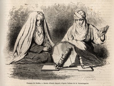 Femmes de Boukhara (Usbekistan), der arbejder på deres arbejde med at spunde, gravering efter en tegning af Emile Bayard, for at illustrere Basile Vereschaguines rejse ind i Centralasien i 1867-1868, udgivet i "" Le tour du monde"" 1873, redigeret af Edoua af Emile Antoine Bayard