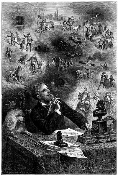 Frontispice af Emile Bayard til Hetzel 1880-udgaven af Hector Malots roman "" Sans Famille "": Forfatteren ved sit arbejdsbord forestiller sig sine karakterer og indslaget i hans bog - Remi og medlemmerne af truppen af Monsieur Vitalis, rejsende kunstner af Emile Antoine Bayard