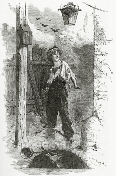 Gavroche, 1800-tallet (bw-gravering) af Emile Antoine Bayard